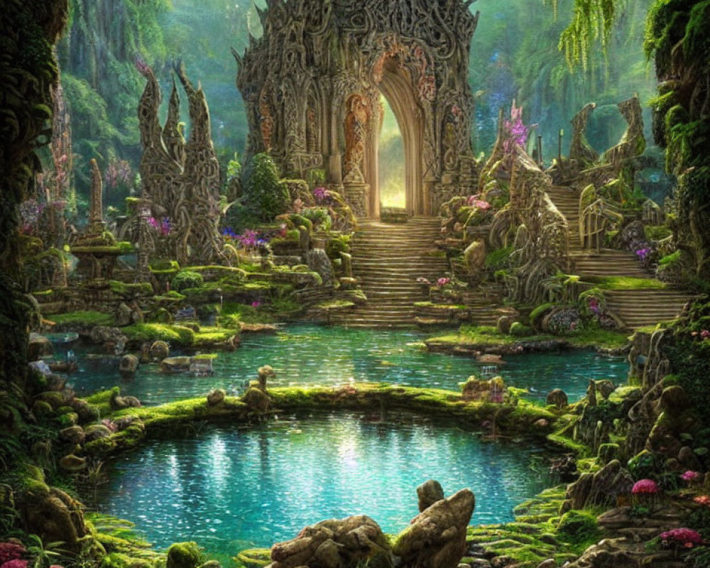 Fantasy temple in lush forest with serene pond