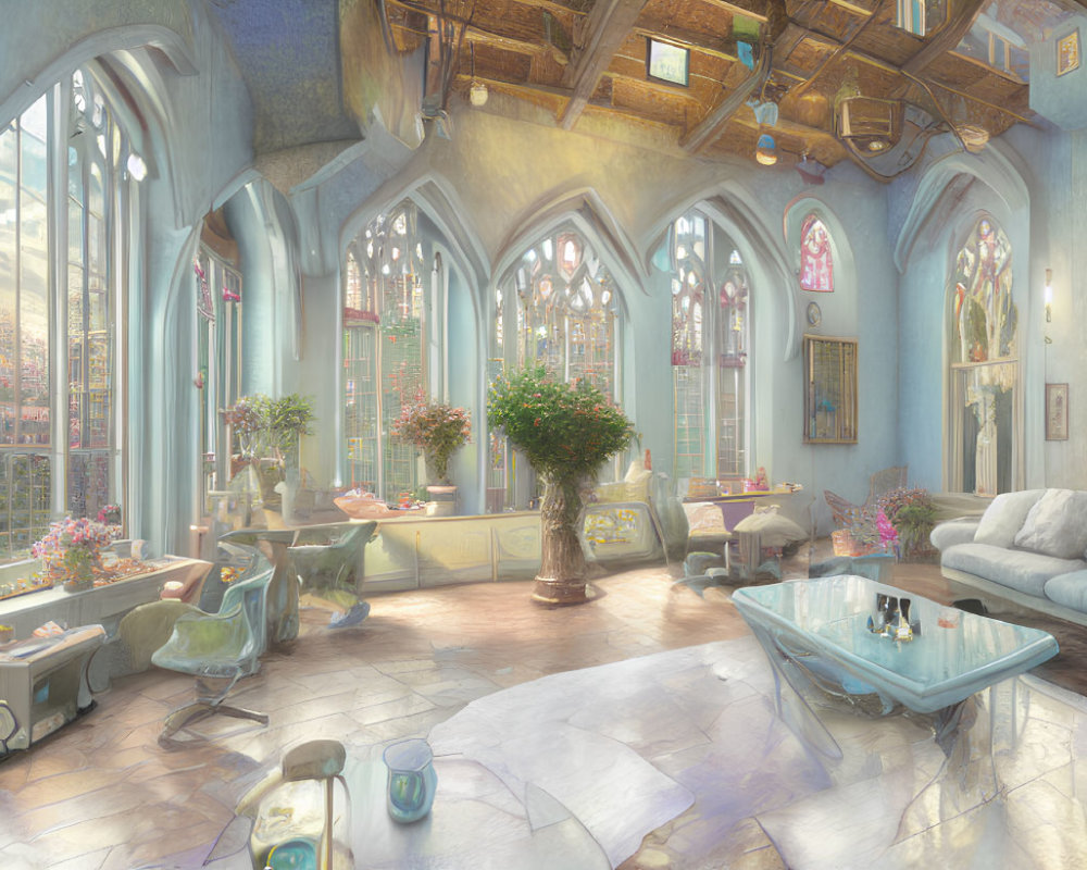 Serene Gothic-themed room with elegant furnishings and pastel colors