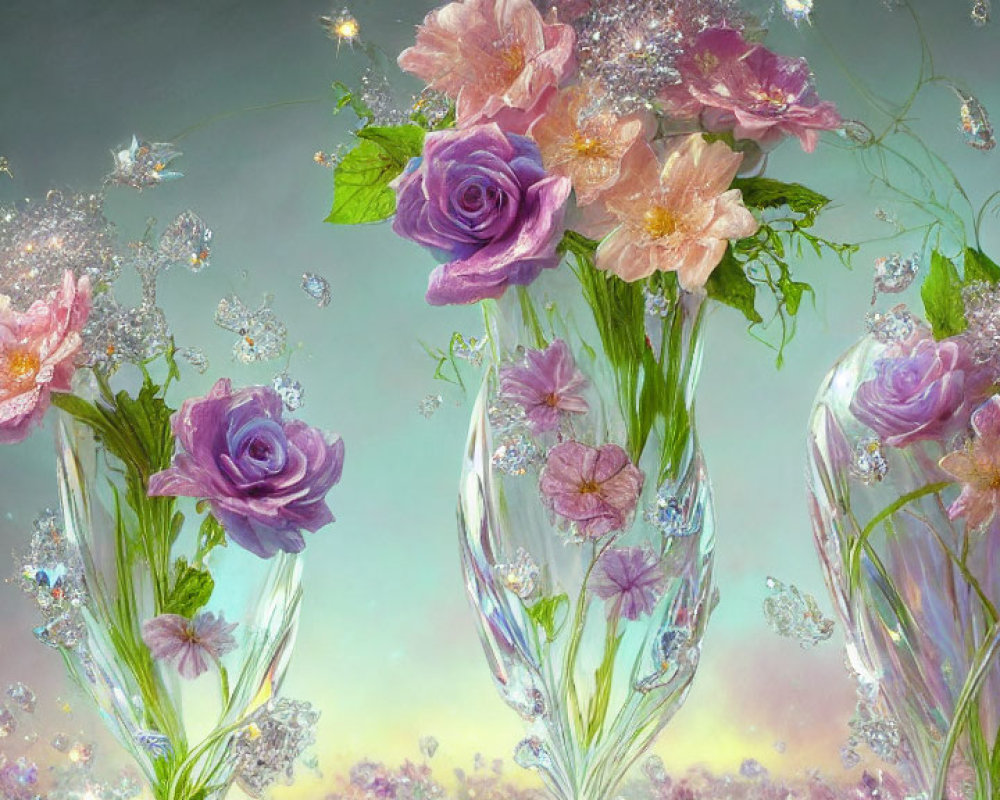 Glass vases with purple and peach flowers in a fantasy setting.