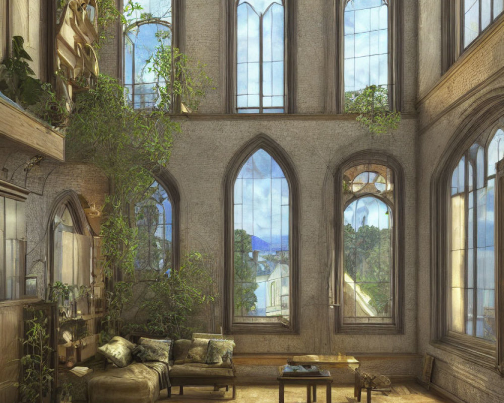 Spacious Room with Gothic Windows, Greenery, Sofa, and Table