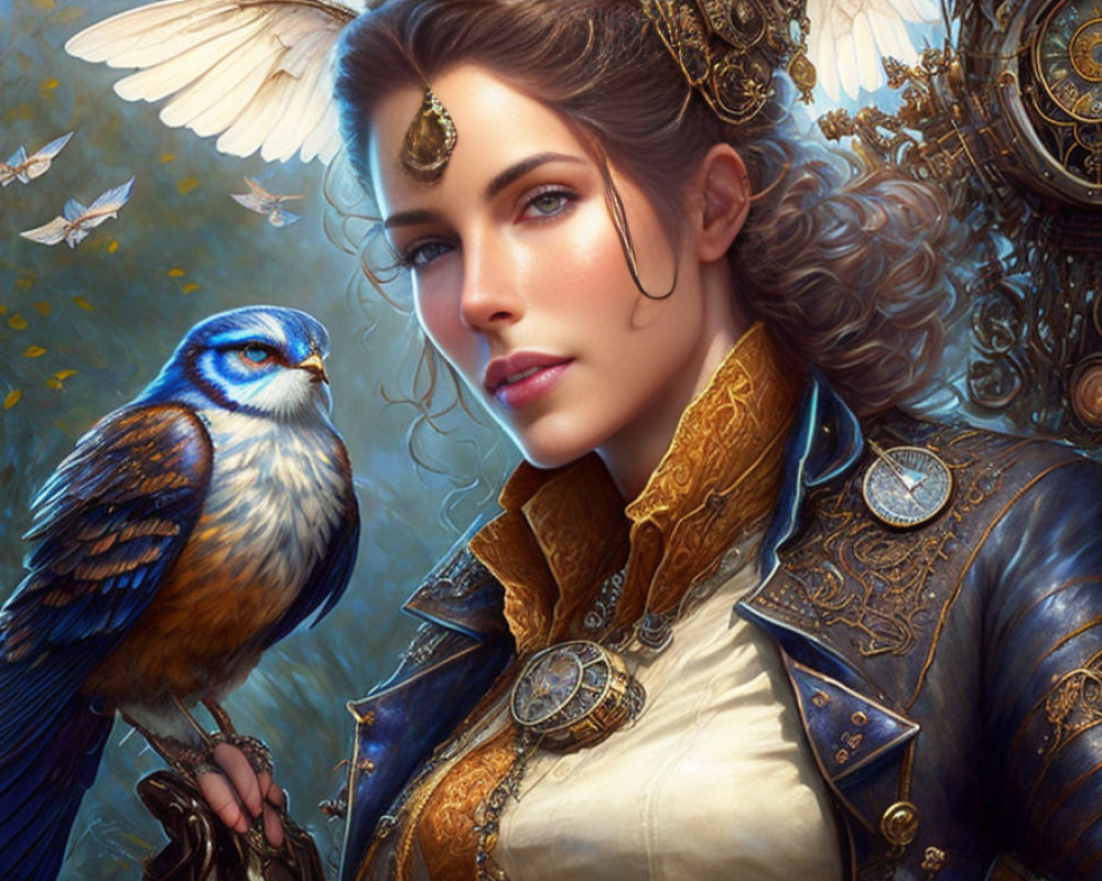 Fantastical portrait of a woman with golden jewelry and mechanical wings, accompanied by a blue bird.