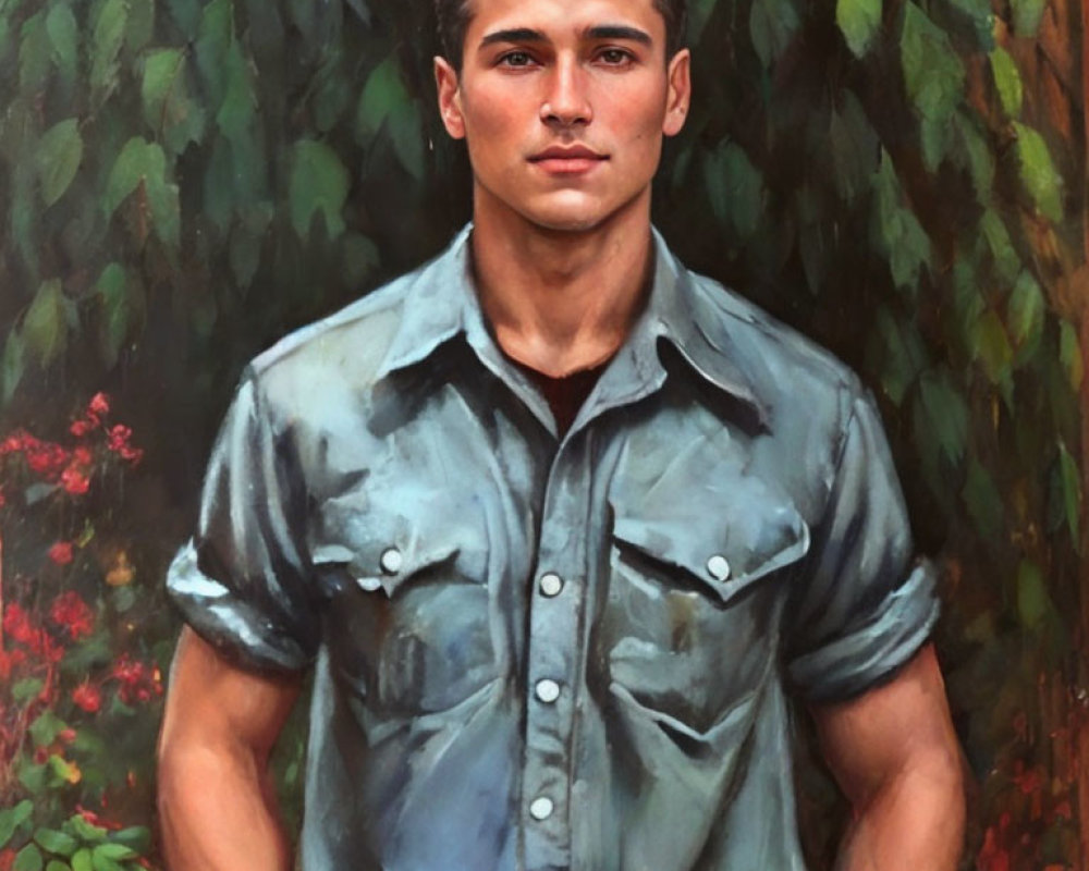 Young man with curly hair in blue shirt against green foliage and red flowers