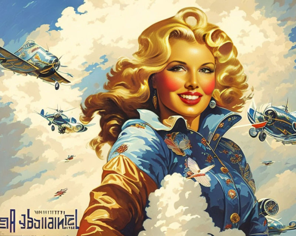Vintage-style illustration of smiling woman in blue jacket with airplane motifs.