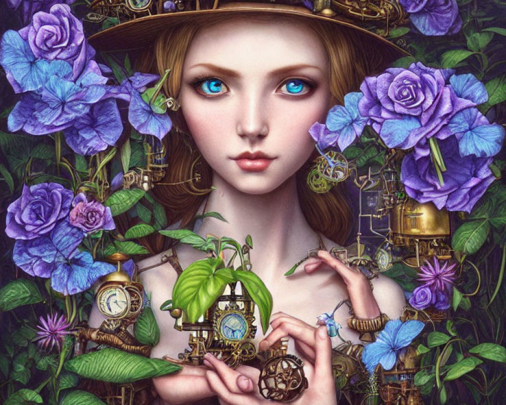 Fantasy portrait: Woman with blue eyes, purple flowers, steampunk hat