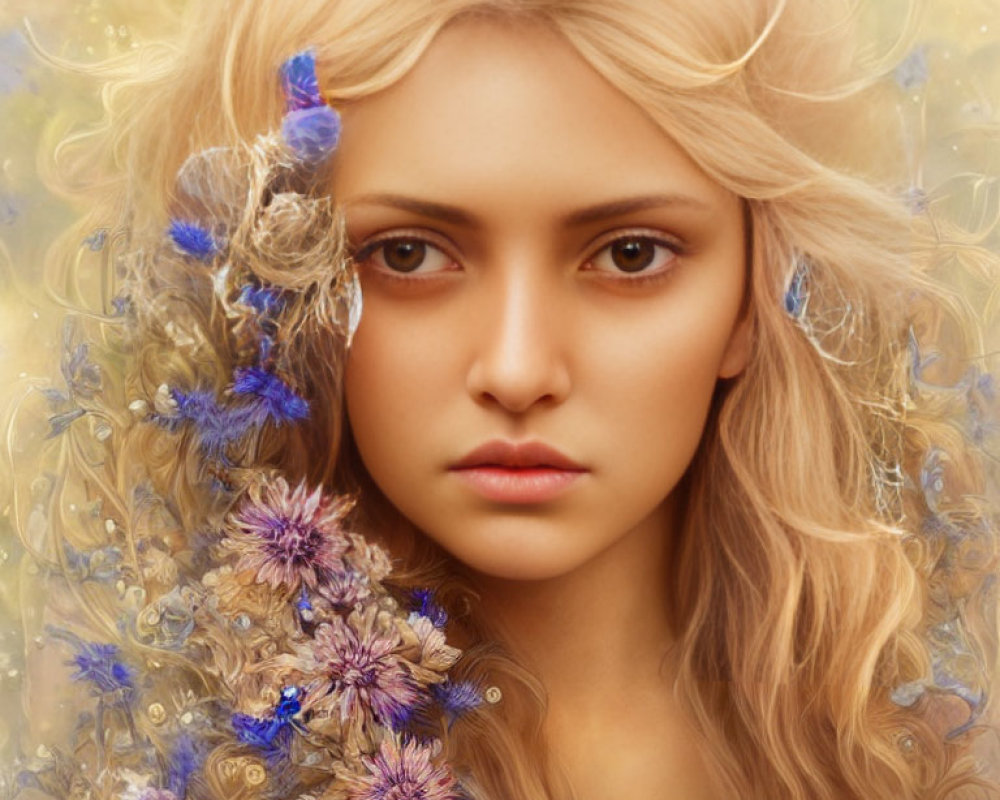 Blonde-haired woman with floral elements in mystical digital portrait