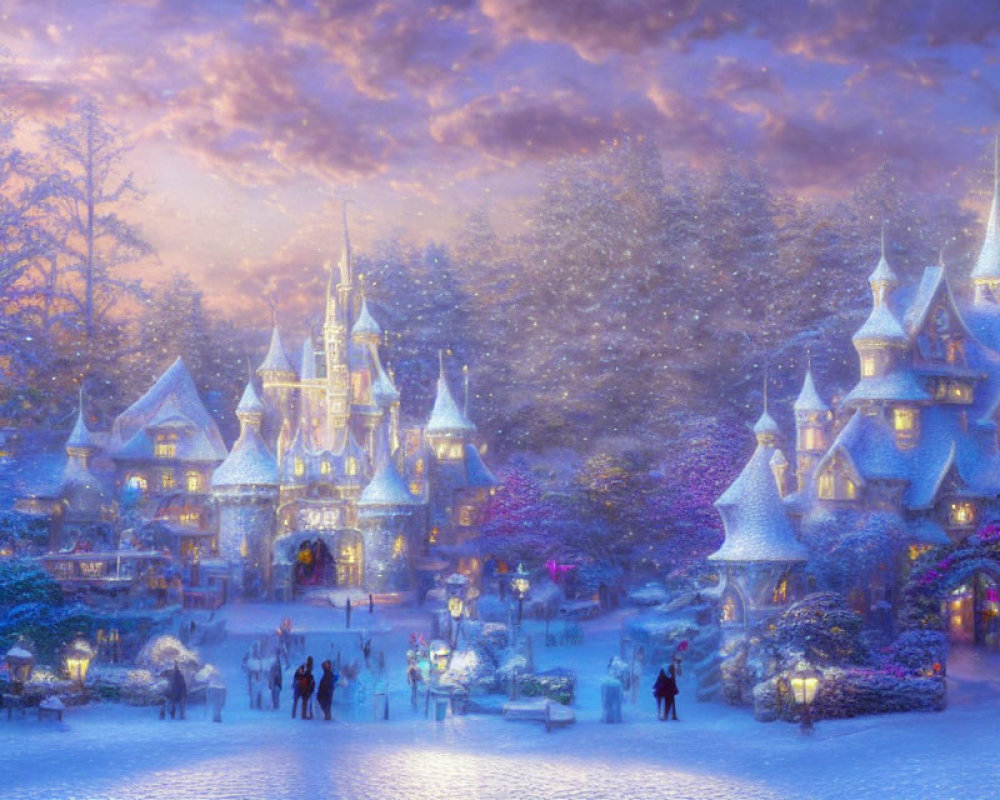 Enchanted winter dusk scene with snowfall and illuminated castle