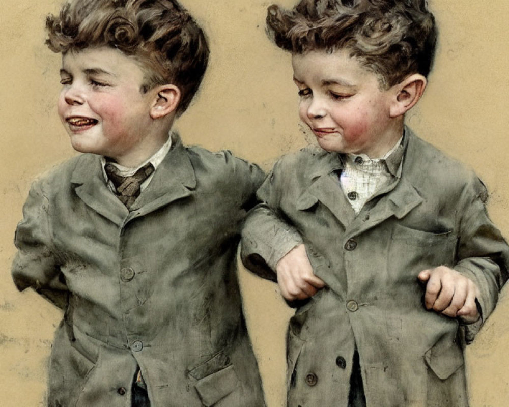 Vintage-style illustrated children in suits with exaggerated facial expressions.