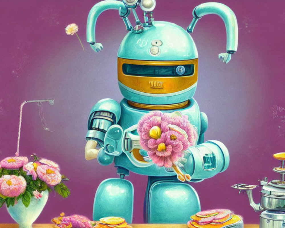 Colorful Friendly Robot with Flowers and Pastries on Purple Background