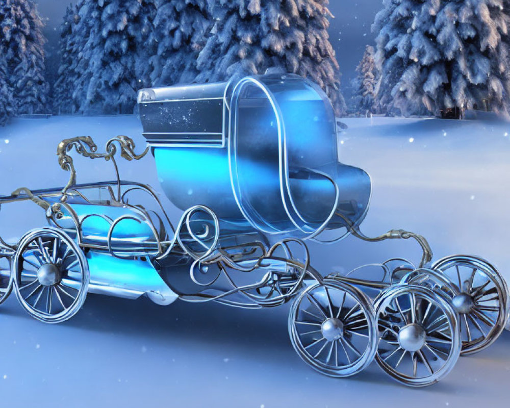 Blue sleigh with silver details in snowy landscape with evergreen trees