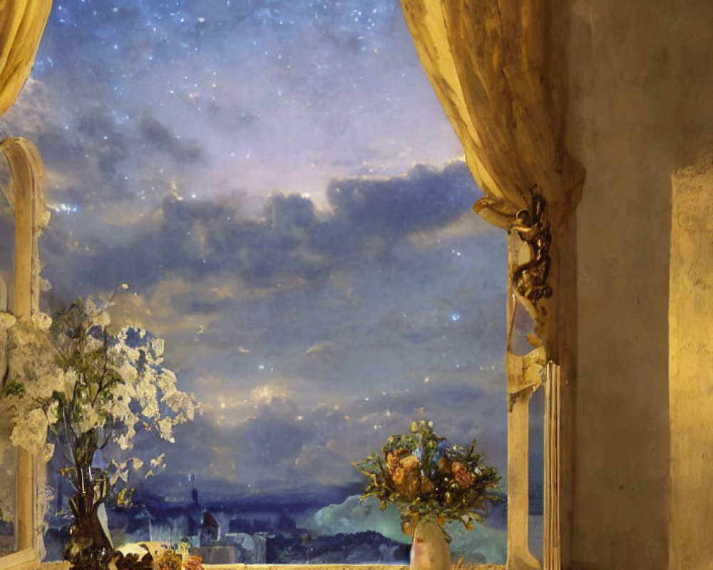 Window View of Starry Night Sky and Flower Vases