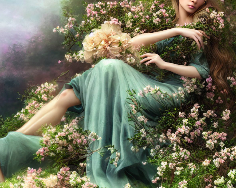 Woman in teal dress with circlet surrounded by flowers in dreamy setting