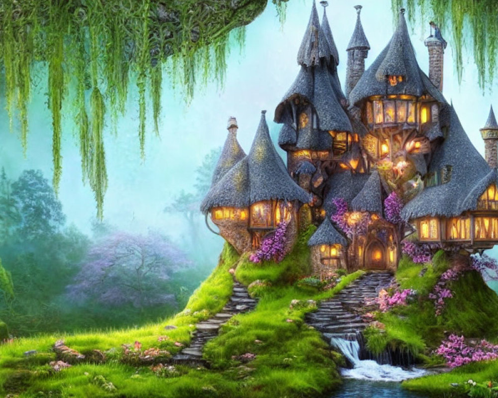 Fairytale Cottage in Magical Forest with Glowing Windows