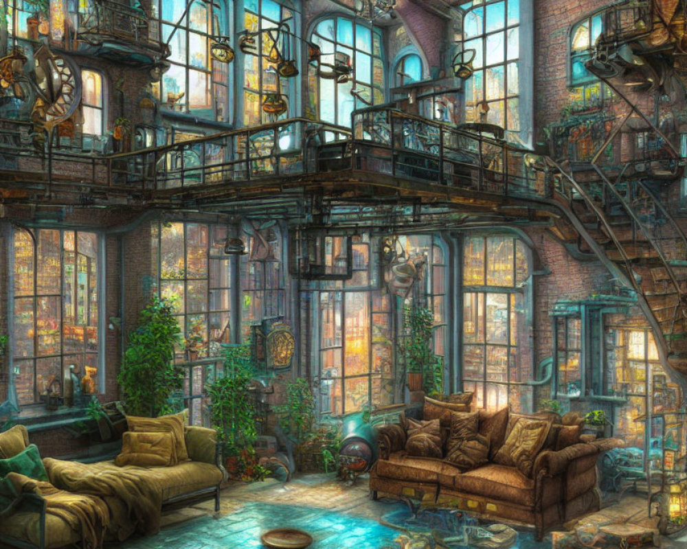 Eclectic Steampunk Interior with Mezzanine and Stained Glass Windows