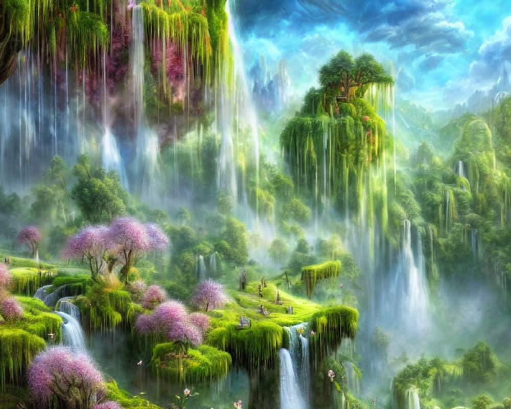 Verdant cliffs, blooming trees, and glowing light in fantastical landscape