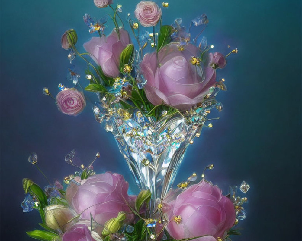 Pink Roses and Flowers in Crystal Vase on Teal Background