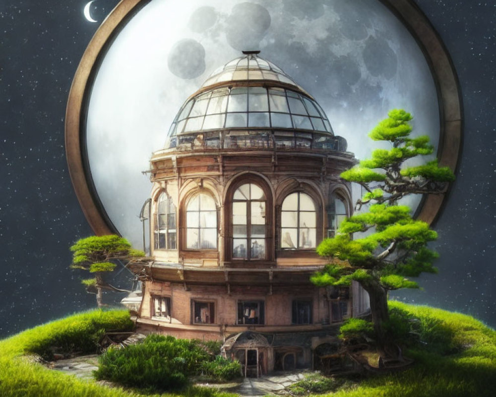 Glass dome observatory on lush island with moon and stars, bonsai tree, crescent moon