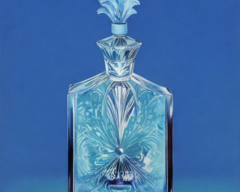 Detailed illustration of ornate glass perfume bottle with intricate designs and decorative stopper on blue backdrop