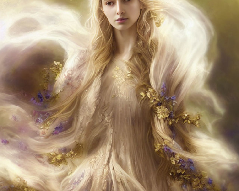 Blond-haired woman in golden dress with purple flowers