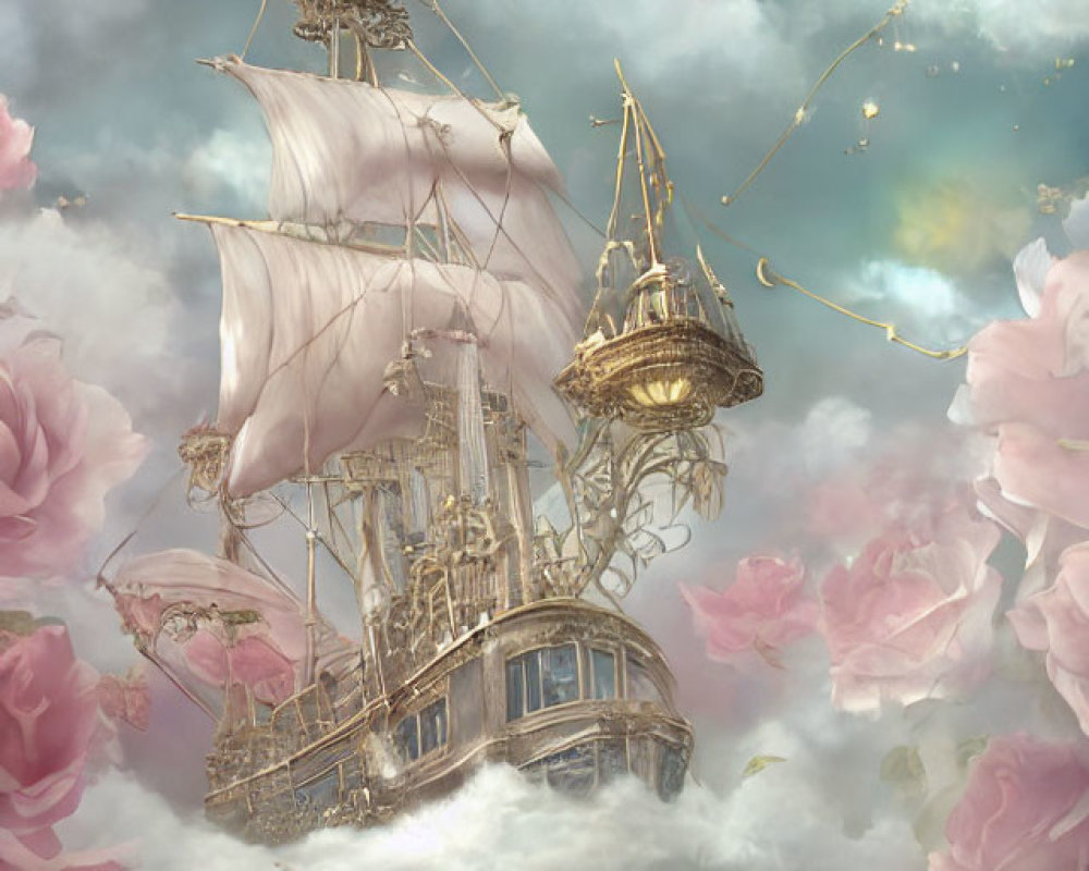 Fantastical airship among clouds and pink roses with golden accents