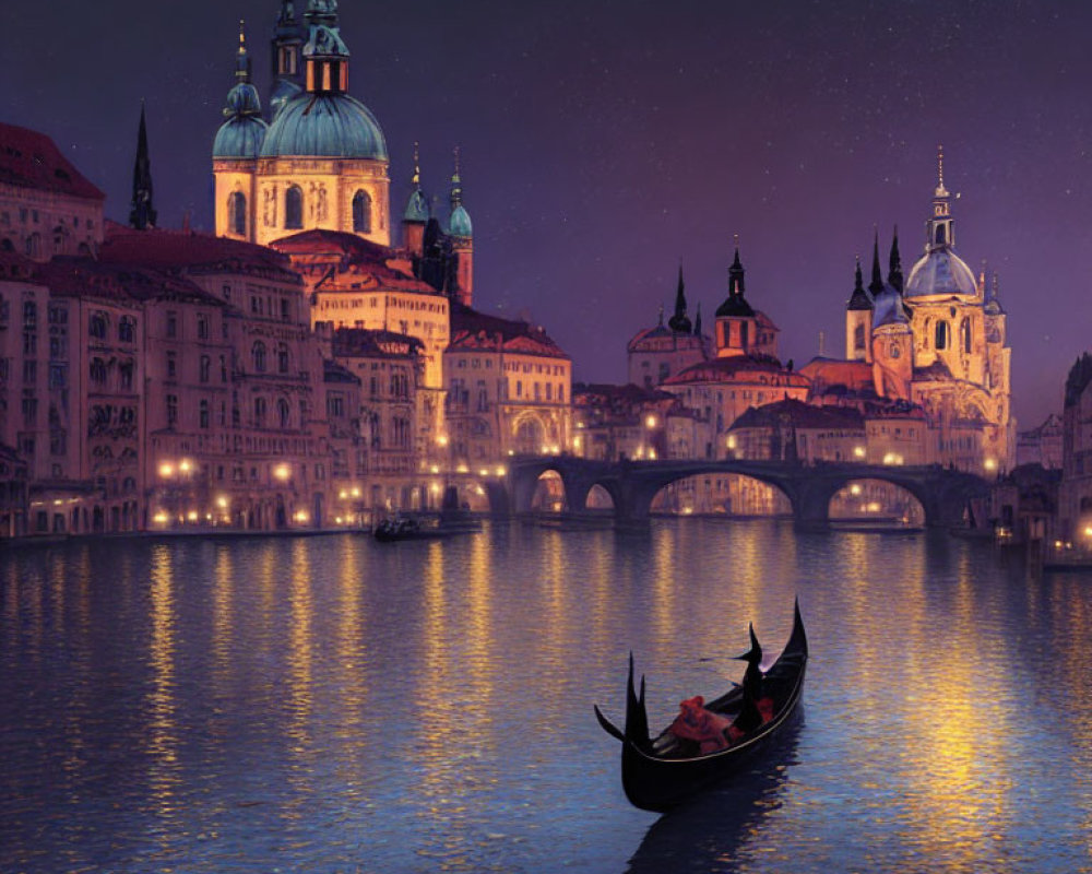 Gondola on river with illuminated buildings at twilight