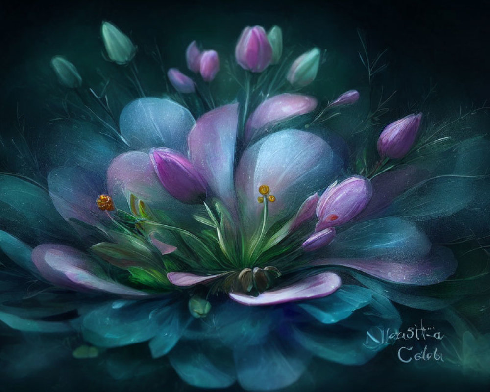 Mystical bouquet digital painting with pink and white flowers and dark foliage