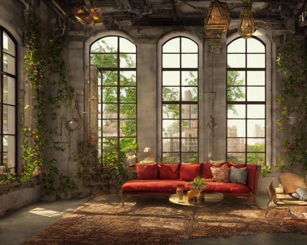 Sunlit room with ivy-covered windows, red couch, rustic lamps, and plush pillows