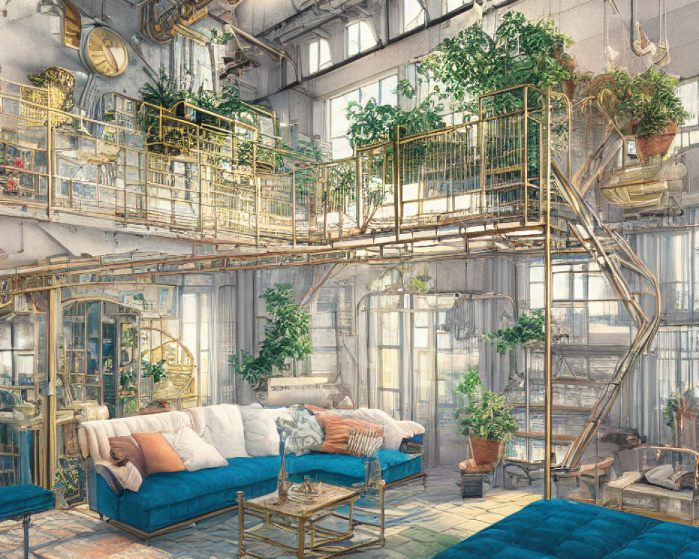 Spacious industrial loft with mezzanine, green plants, modern furniture, skylights.