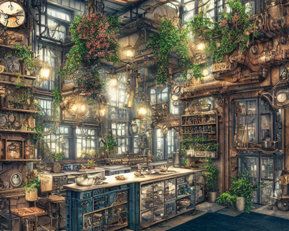 Steampunk laboratory with vintage clocks, greenery, hanging lights, and metalwork