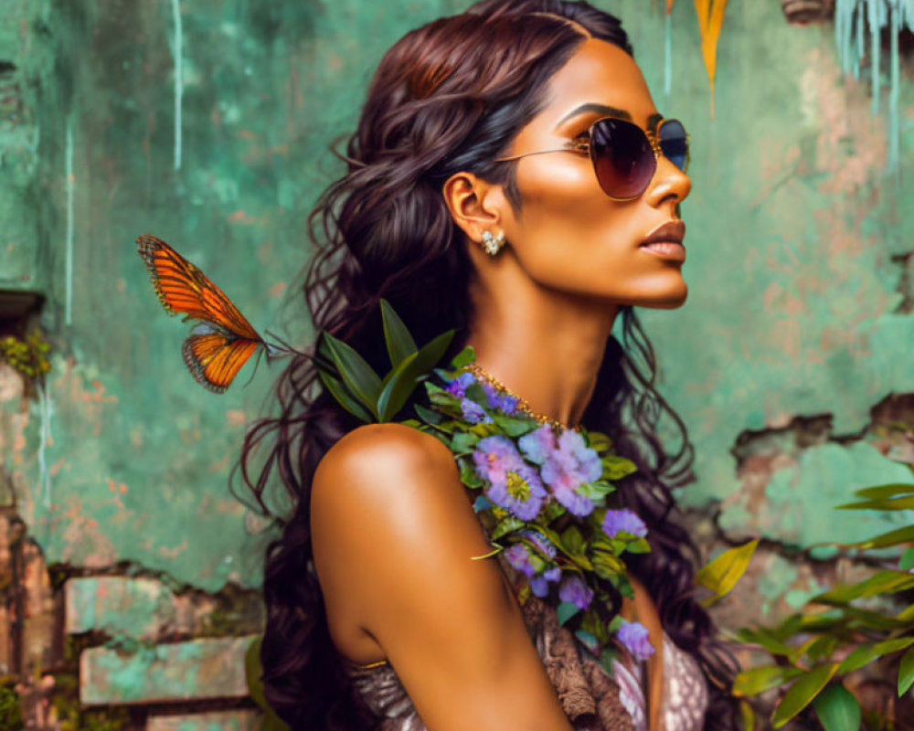 Wavy-Haired Woman with Sunglasses Surrounded by Greenery and Butterfly on Turquoise Wall