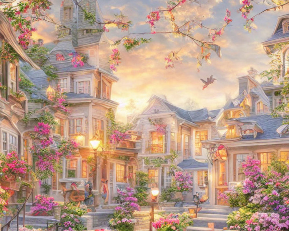 Illustration of Victorian houses with flowers under sunset sky