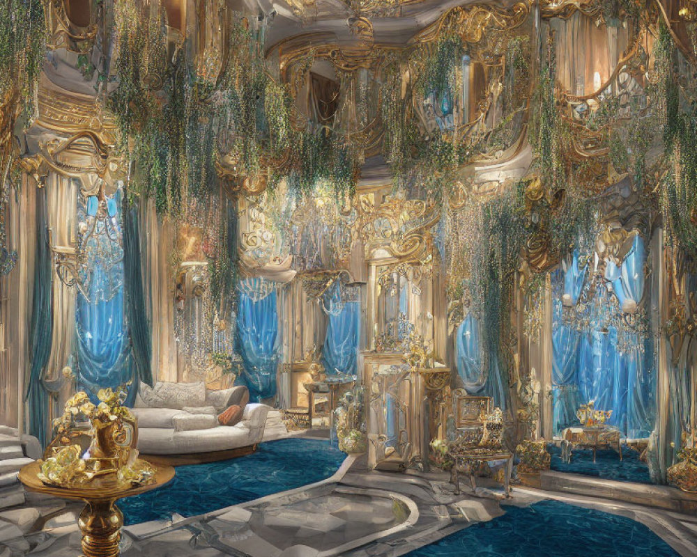 Luxurious Room with Gold Details, Greenery, Blue Drapes, Plush Sofa, and Ge