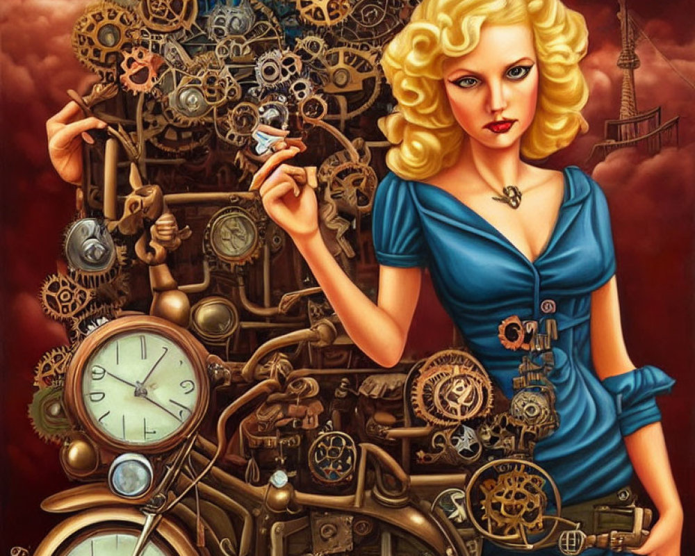 Woman in Blue Dress Surrounded by Steampunk Gears and Clocks