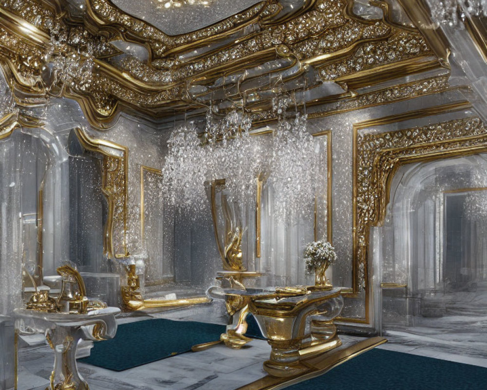 Luxurious Bathroom with Marble Floors and Gold Fixtures