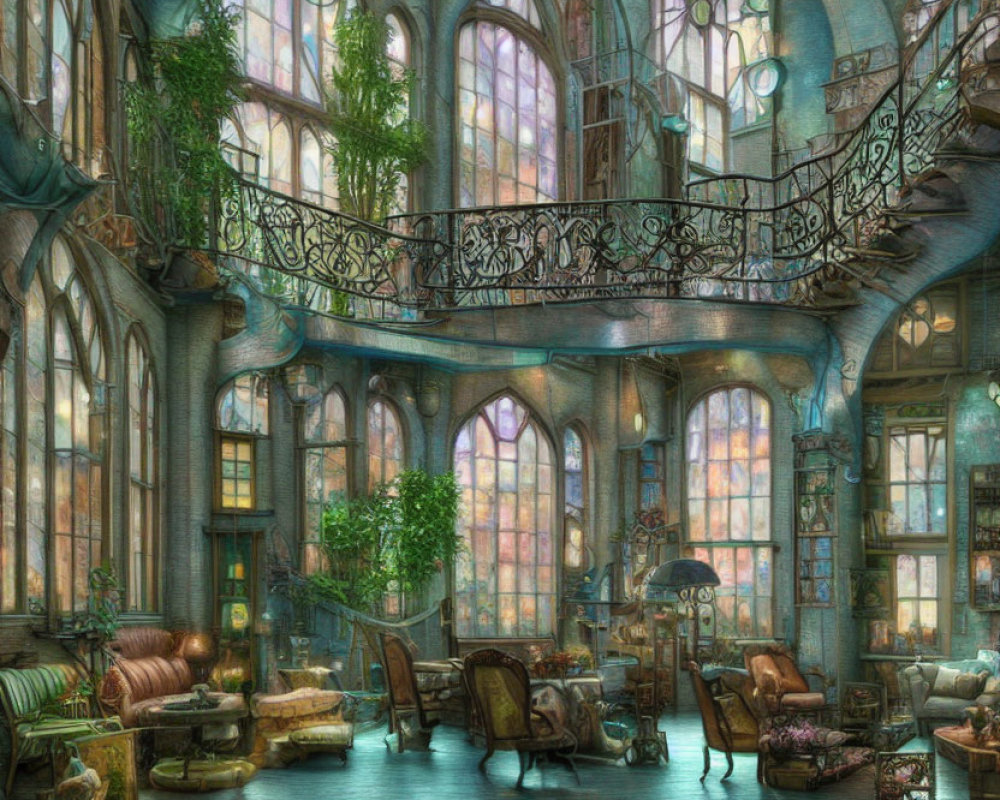 Fantastical interior with stained glass windows and vintage furnishings