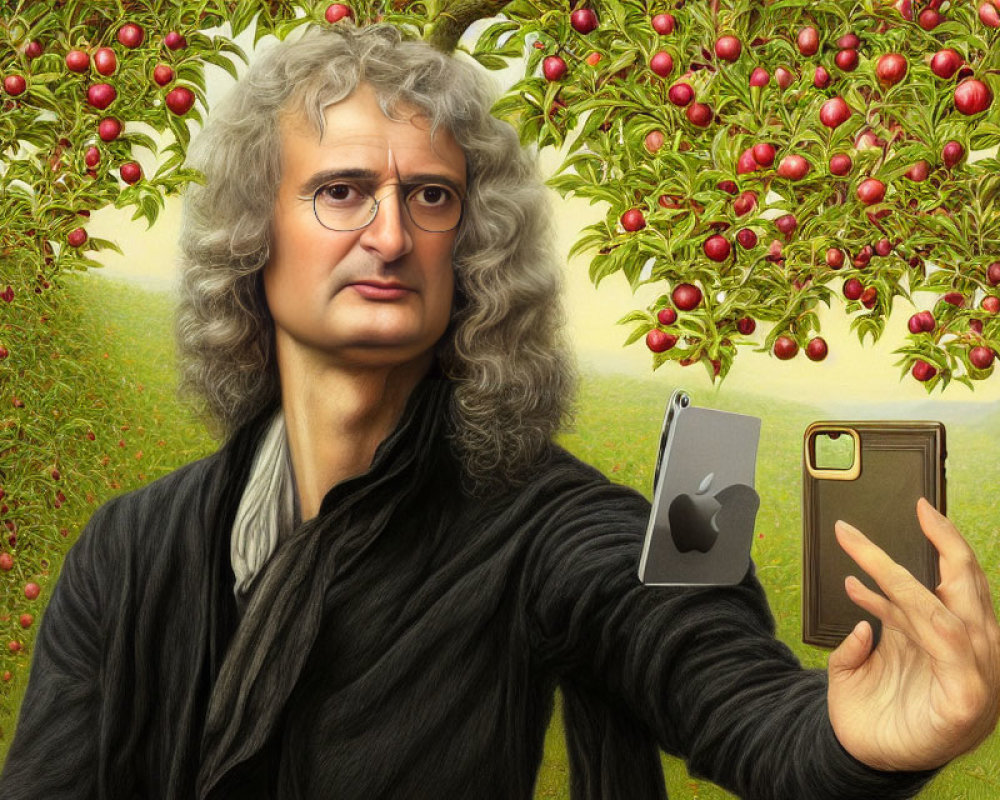 Illustration of Isaac Newton with smartphones under apple tree, symbolizing gravity discovery