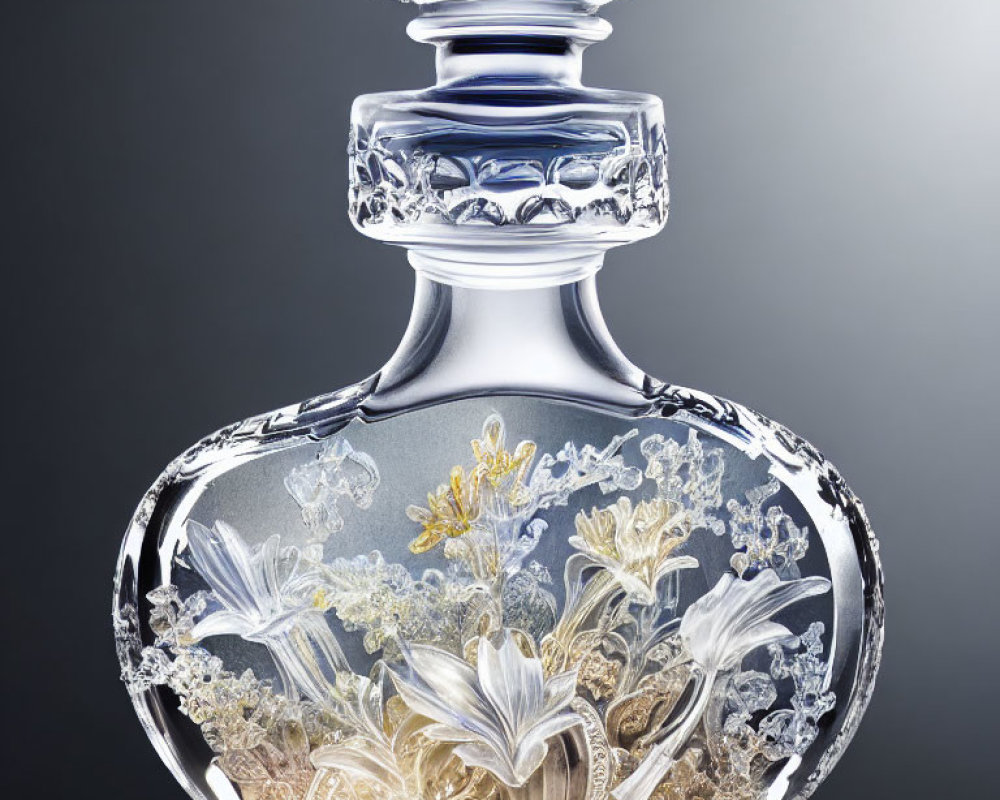 Intricate floral patterns on crystal perfume bottle, set on gray gradient.