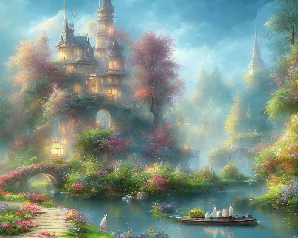 Enchanted castle in serene fantasy landscape with river and moon