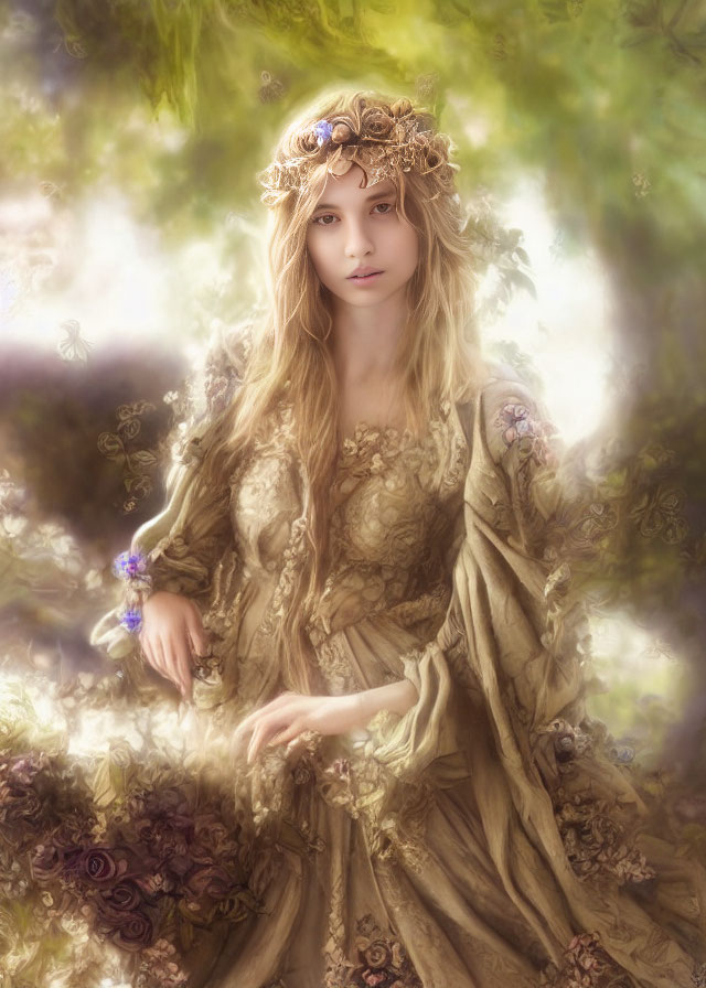 Young woman with floral crown in vintage golden dress in enchanted forest