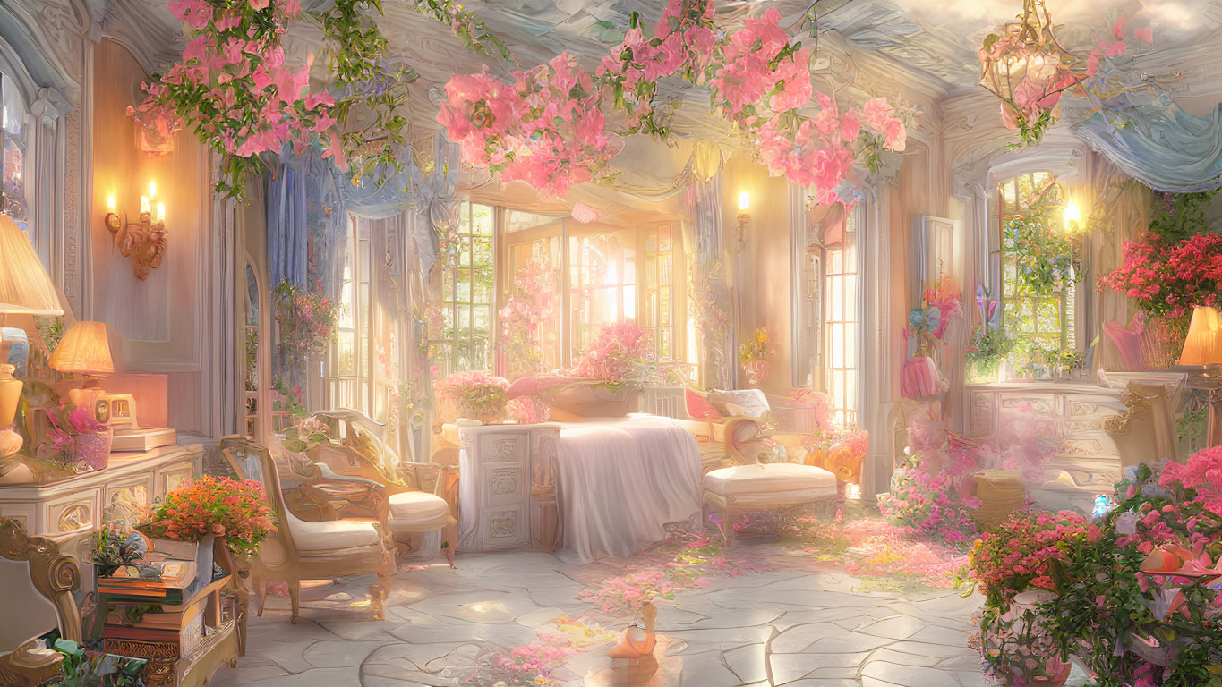 Sunlit Room with Pink Flowers and Elegant Decor