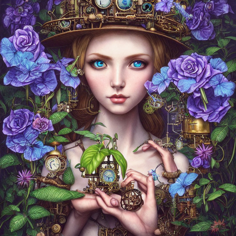 Fantasy portrait: Woman with blue eyes, purple flowers, steampunk hat