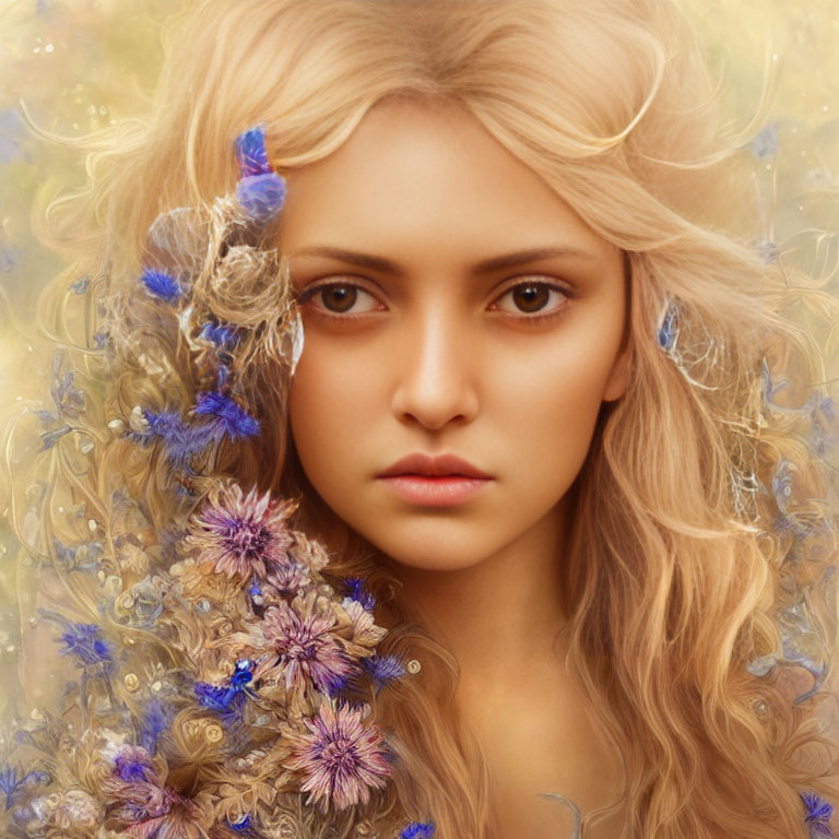 Blonde-haired woman with floral elements in mystical digital portrait