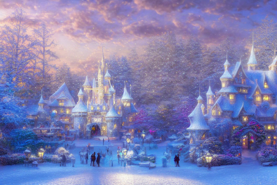 Enchanted winter dusk scene with snowfall and illuminated castle