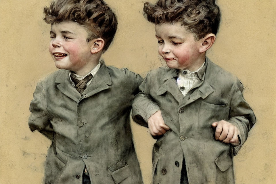 Vintage-style illustrated children in suits with exaggerated facial expressions.