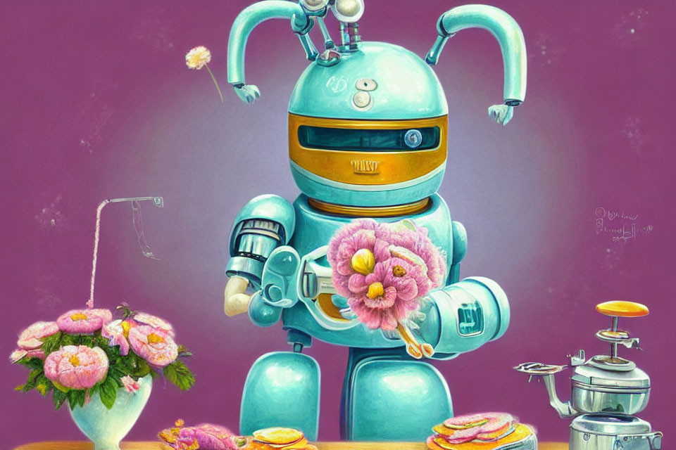 Colorful Friendly Robot with Flowers and Pastries on Purple Background