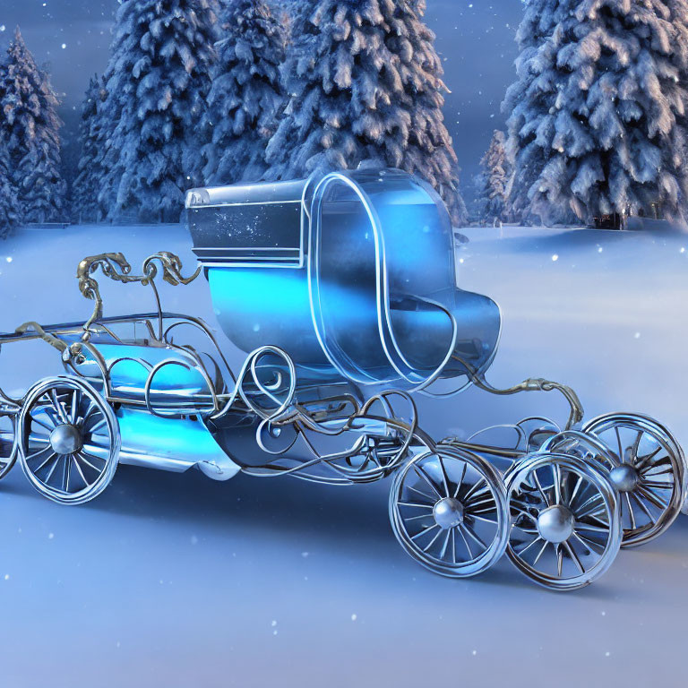 Blue sleigh with silver details in snowy landscape with evergreen trees