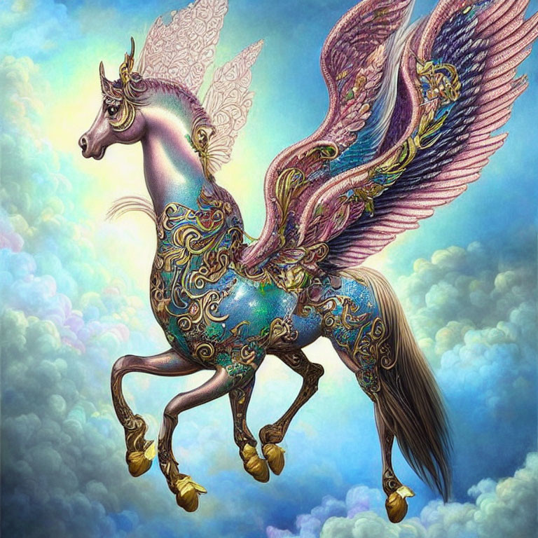 Colorful Winged Horse Artwork Against Cloudy Sky