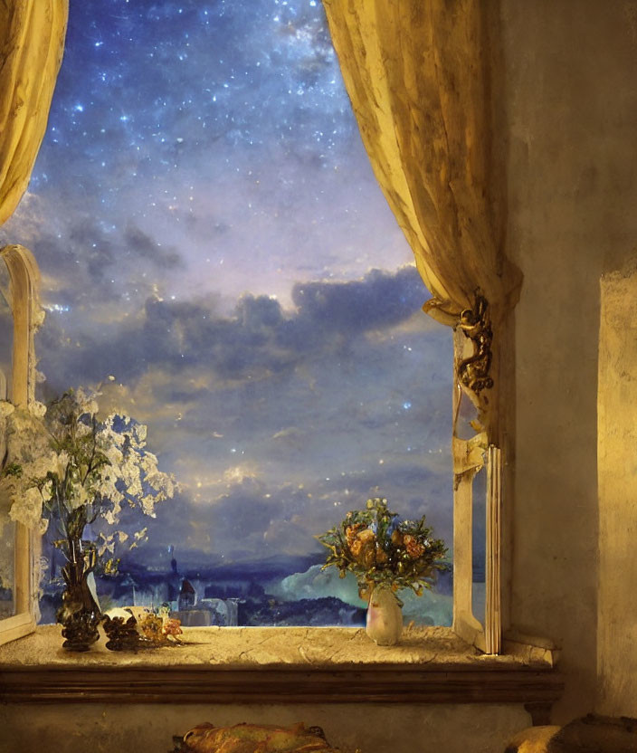 Window View of Starry Night Sky and Flower Vases