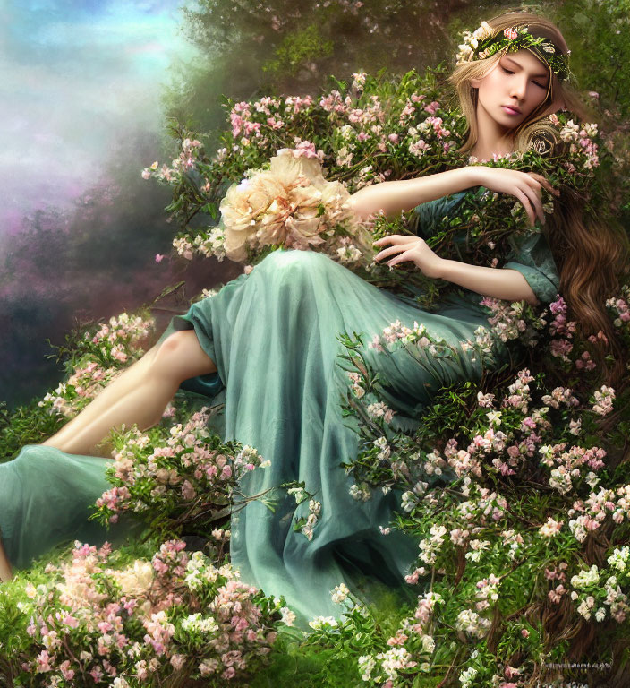 Woman in teal dress with circlet surrounded by flowers in dreamy setting