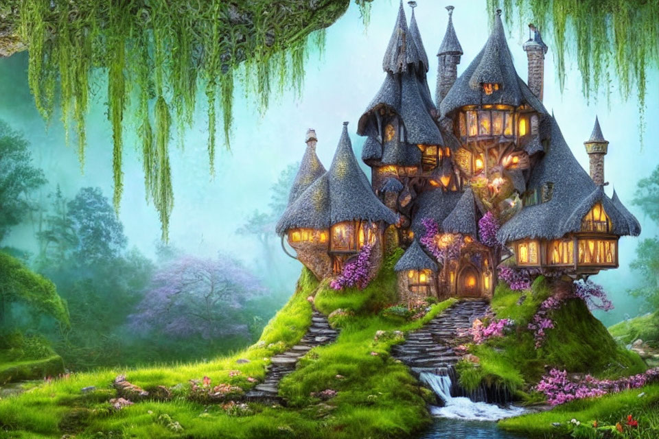 Fairytale Cottage in Magical Forest with Glowing Windows