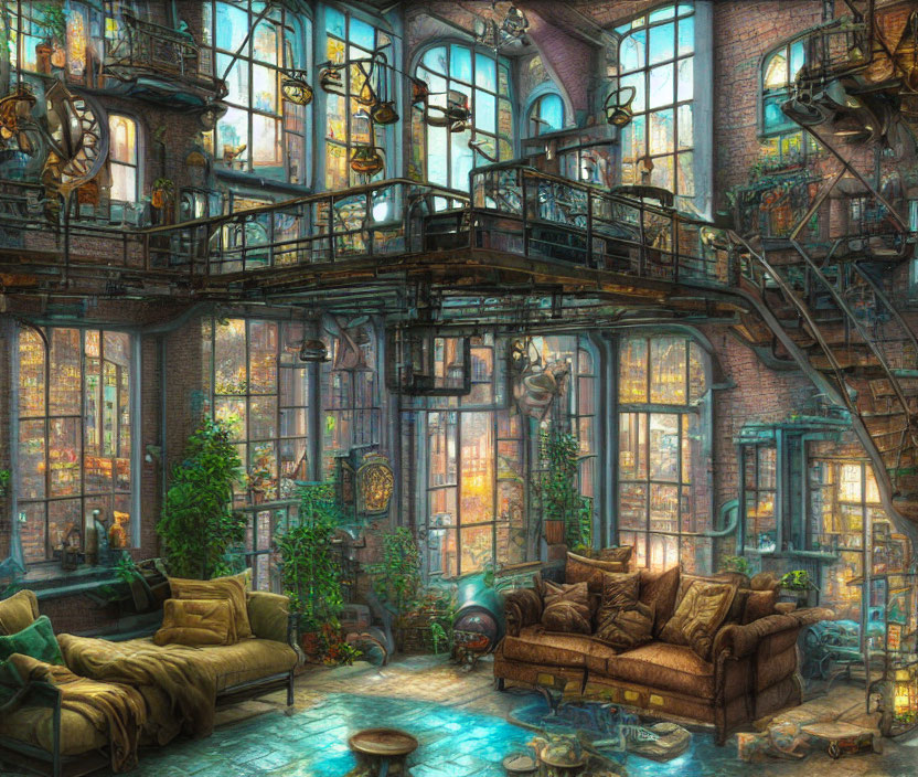 Eclectic Steampunk Interior with Mezzanine and Stained Glass Windows